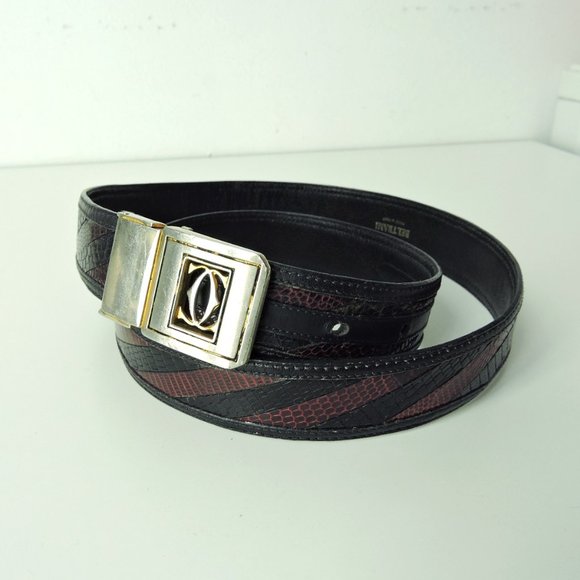 VTG Beltrami maroon black belt sz 32 / Cartier gold silver pin buckle made Italy - Picture 5 of 13